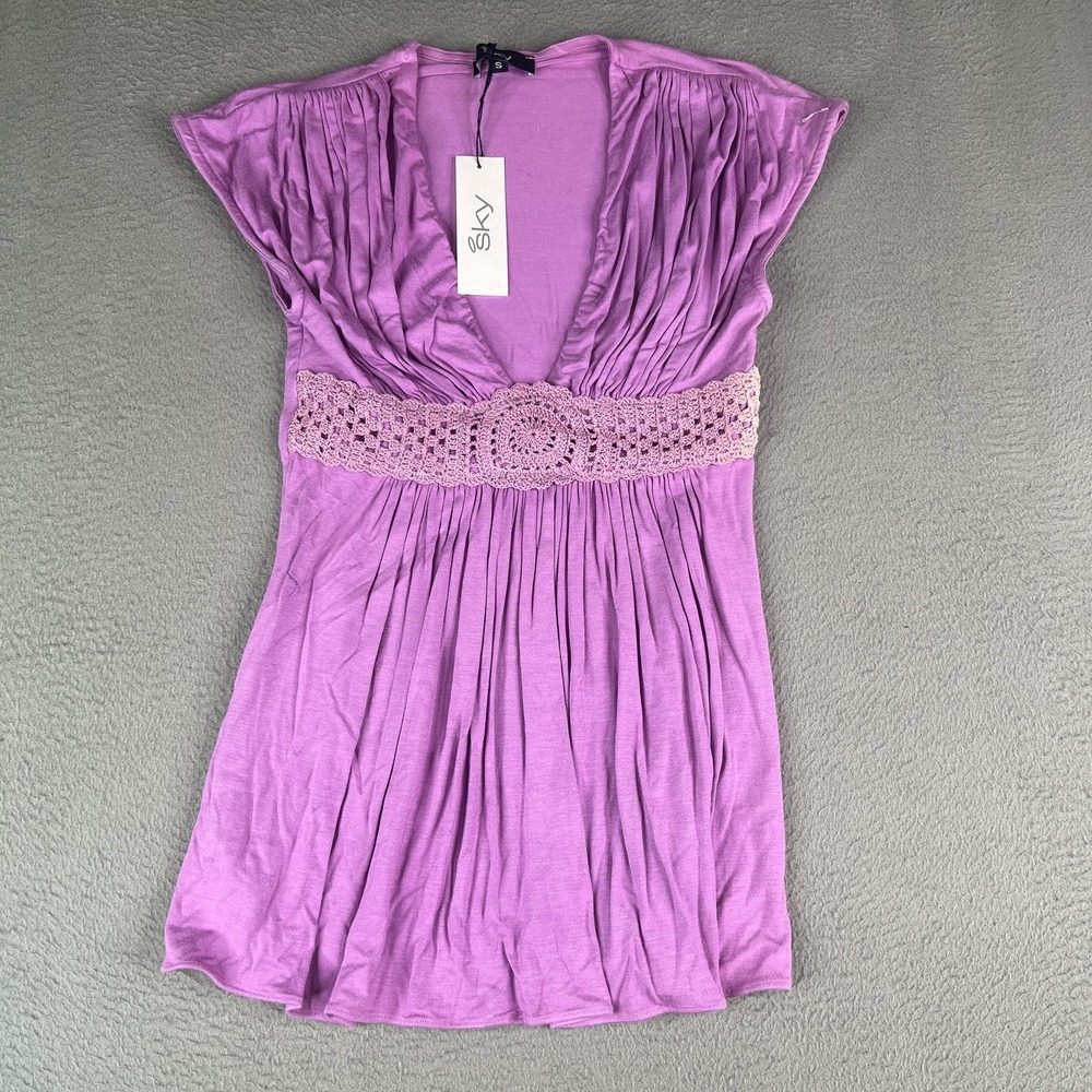 Sky Top Womens Small Purple Crochet Waist Boho Tunic Top Made In USA New NWT